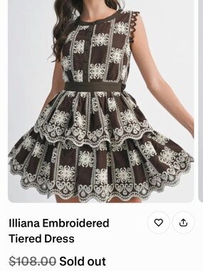 Embroidered Tiered Mini Dress - Brown with Ivory Lace